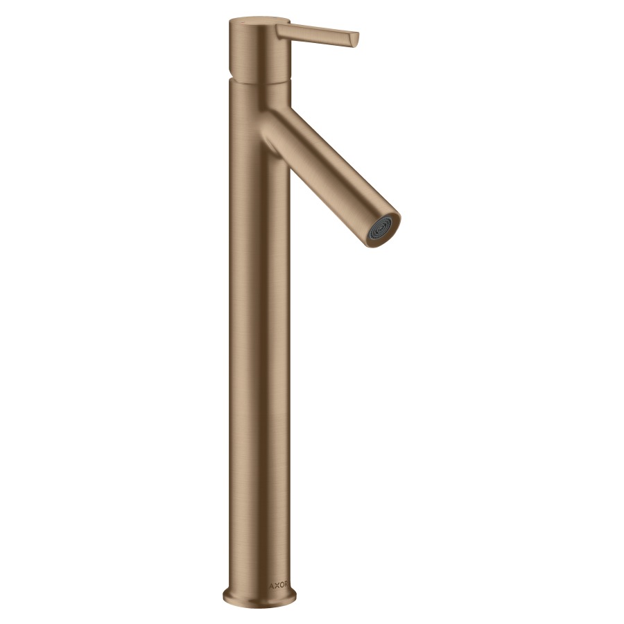 Mélangeur de lavabo STARCK
S 107 mm, goulot fixe
haute colonne
H jusqu'à aérateur 248 mm
H levier ouvert 391 mm
avec soupape à grille non
verouillable, débit 5 l/min
groupe acoustique I