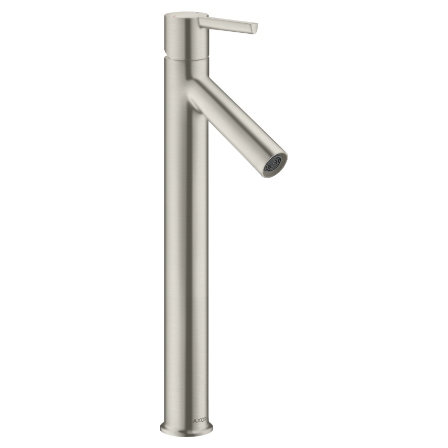Mélangeur de lavabo STARCK
S 107 mm, goulot fixe
haute colonne
H jusqu'à aérateur 248 mm
H levier ouvert 391 mm
avec soupape à grille non
verouillable, débit 5 l/min
groupe acoustique I