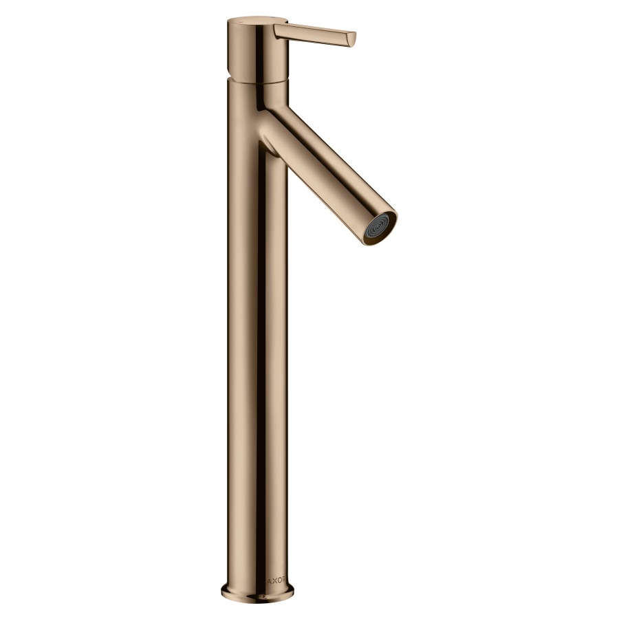 Mélangeur de lavabo STARCK
S 107 mm, goulot fixe
haute colonne
H jusqu'à aérateur 248 mm
H levier ouvert 391 mm
avec soupape à grille non
verouillable, débit 5 l/min
groupe acoustique I