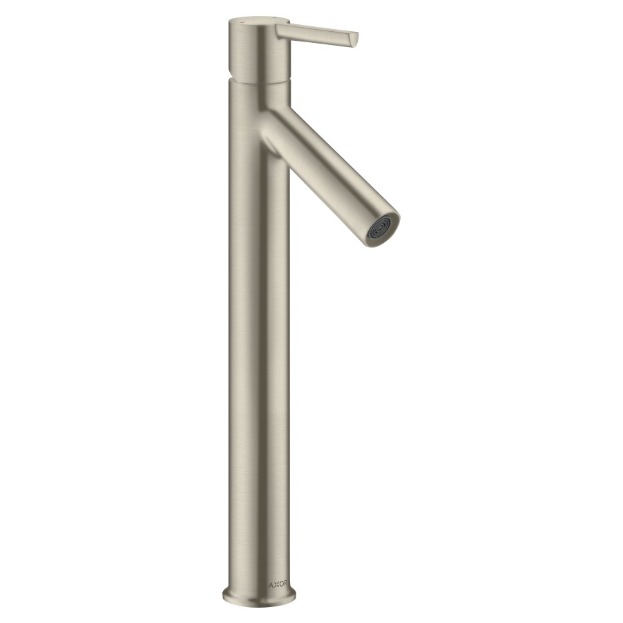Mélangeur de lavabo STARCK
S 107 mm, goulot fixe
haute colonne
H jusqu'à aérateur 248 mm
H levier ouvert 391 mm
avec soupape à grille non
verouillable, débit 5 l/min
groupe acoustique I