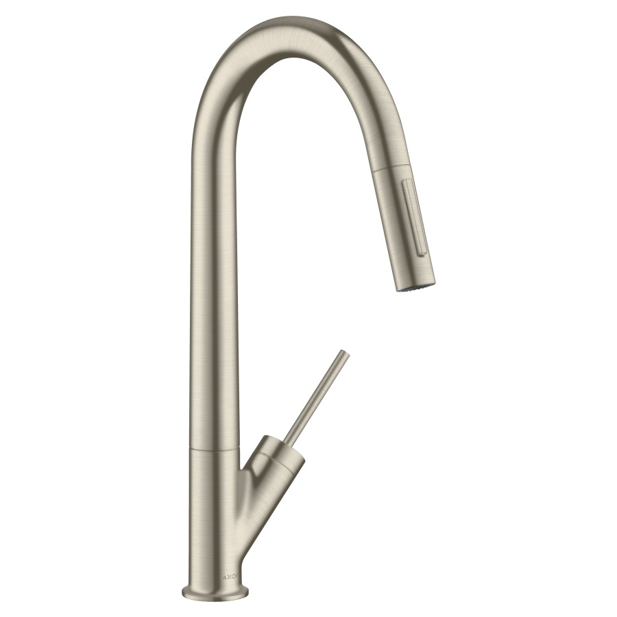 Mélangeur d'évier STARCK
S 235 mm goulot orientable
110/150°, douche extensible
réglable, cartouche Joystick
poignée cylindrique position
à gauche ou à droite
débit 9,5 l/min
groupe acoustique I