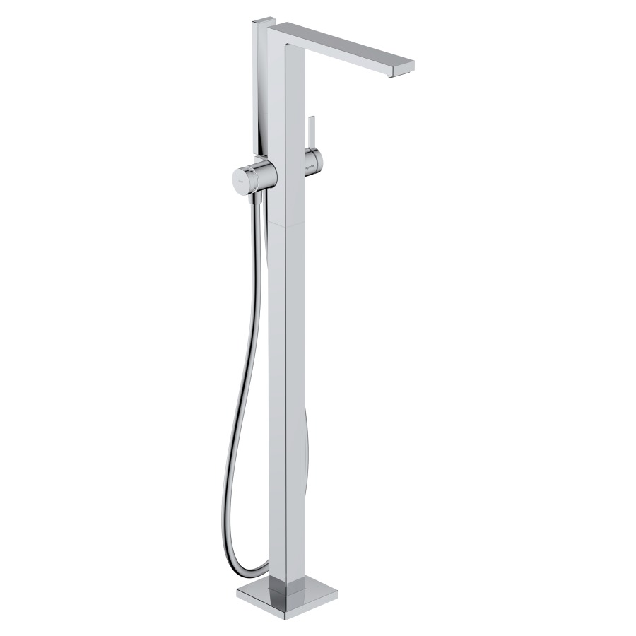Mélangeur de bain TECTURIS E
S 194 mm, goulot fixe
H jusqu'à aérateur 895-975 mm
avec colonne pour montage à
pose libre, douche à main
bâton, tuyau de douche
support de douche, sans corps
à encastrer 758 415