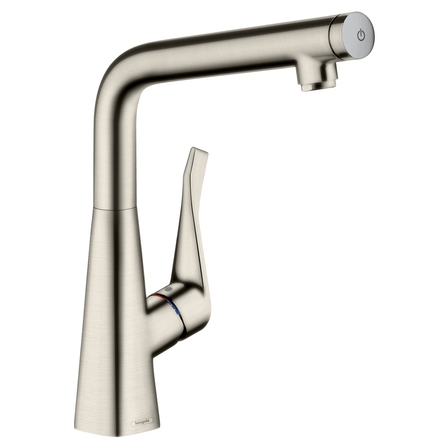 Mélangeur d'évier METRIS
SELECT 320
S 223 mm goulot orientable
110/150/360°, cartouche en
céramique, allumer/éteindre
par bouton-poussoir
groupe acoustique I
