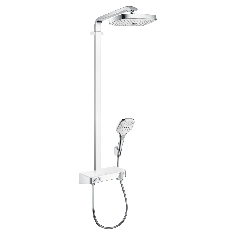 Système de douche RAINDANCE
SELECT, E 300 2jet ST
AD 138-162 mm, mélangeur
de douche thermostat 1/2"
robinet d'arrêt inverseur
tablette en verre
douche de tête Raindance
Select E 300 2jet 300 x 160 mm
réglable par bouton-poussoir
douche à main Raindance Select
E120 3jet, bras de douche
380 mm, tuyau de douche
160 cm, groupe acoustique I