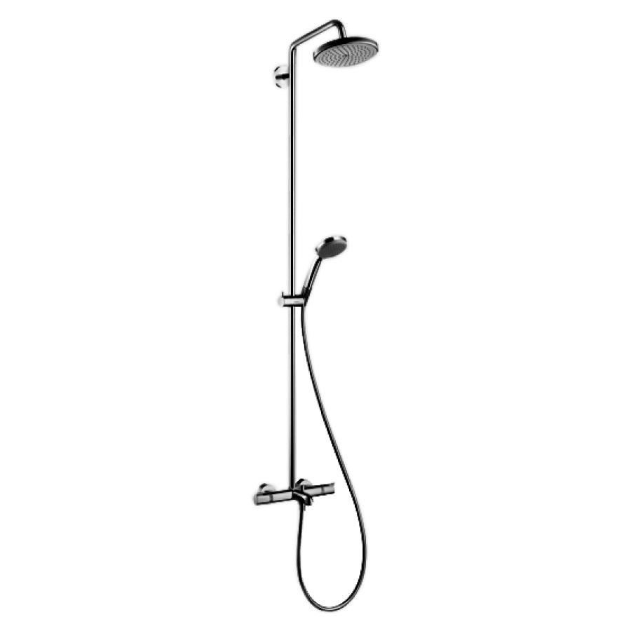Système de douche CROMA 220
baignore, E 138-162 mm, mélan-
geur de bain thermostat 1/2"
inverseur, robinet d'arrêt
inverseur, douche de tête
Croma D 220 mm, Quick Clean
bras de douche S 400 mm
orientable, douche à main
Croma 100 Vario
tuyau de douche Isiflex 200 cm
groupe acoustique I