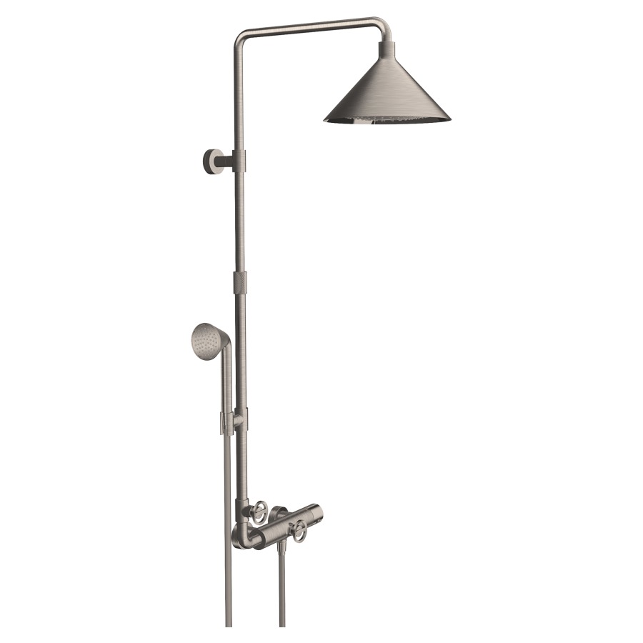 Système de douche BY FRONT
E 138-162 mm
thermostat 1/2" AP, inverseur
pomme de douche Raindance
Select S 240 2jet D 279 mm
Quick Clean, débit Rain
17 l/min, débit RainAir
16 l/min, réglable par bouton-
poussoir, pomme de douche
hauteur réglable 300 mm, bras
de douche A 400 mm, douche
à main Front 1jet D 85 mm
Quick Clean, débit 9 l/min
support, tuyau de douche
160 cm, groupe acoustique I