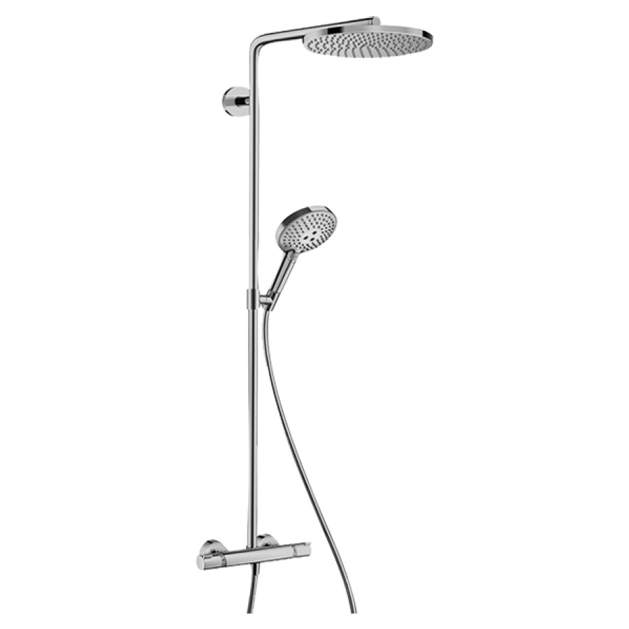 Duschsystem RAINDANCE SELECT
S 240 1jet, PowderRain
AD 138-162 mm, Thermostat
Ecostat Comfort, Ab-/Umstell-
ventil, Kopfbrause Raindance
S 240, D 240 mm, Brausearm
A 398 mm, schwenkbar
Handbrause Raindance Select
Brauseschlauch Isiflex
Geräuschgruppe NT