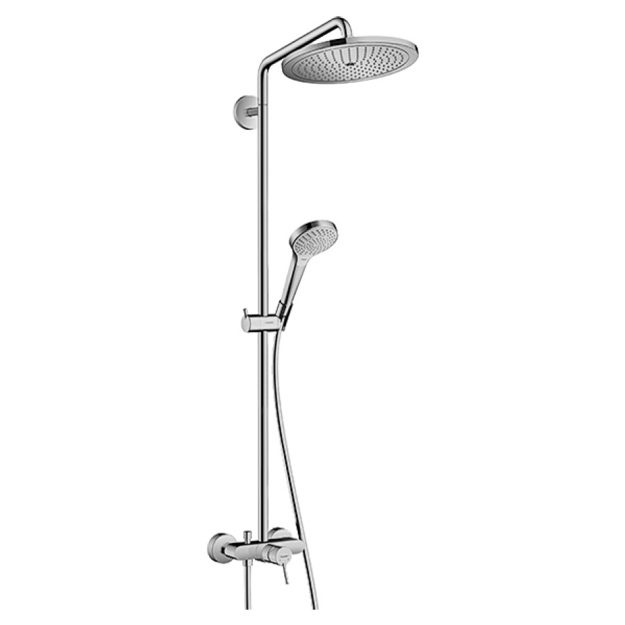 Système de douche CROMA SELECT
S 280 1jet, RainAir
E 138-162 mm, mélangeur de
douche, robinet d'arrêt
inverseur, douche de
tête Croma D 280 mm
bras de douche S 400 mm
orientable, douche à main
Croma Select S Multi, tuyau de
douche Isiflex
groupe acoustique NT