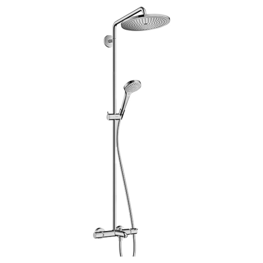 Système de douche CROMA SELECT
S 280 1jet, RainAir
E 138-162 mm, mélangeur de
bain thermostat, robinet
d'arrêt inverseur, douche de
tête Croma D 280 mm
bras de douche S 400 mm
orientable, douche à main
Croma Select S Multi, tuyau de
douche Isiflex
groupe acoustique I