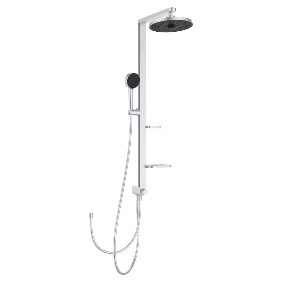 Système de douche ALU+ AP
pour mélangeur de douche ou
coude de raccordement mural
douche de pluie 2-function
D 26 cm, douche à main
2-function D 10 cm
hauteur réglable, 2 tablettes
tuyau de douche 175 cm
tuyau de connexion 50 cm