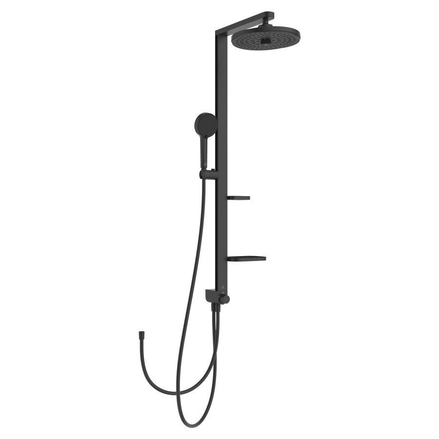 Système de douche ALU+ AP
pour mélangeur de douche ou
coude de raccordement mural
douche de pluie 2-function
D 26 cm, douche à main
2-function D 10 cm
hauteur réglable, 2 tablettes
tuyau de douche 175 cm
tuyau de connexion 50 cm