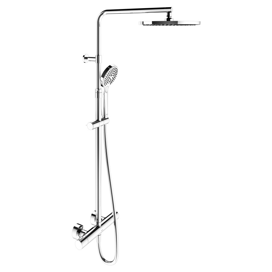 Garniture de douche PLAN BLUE
thermostat-mélangeur de douche
raccord G 1/2", débit
25 l/min., douche à main avec
3 jets, 12 l/min., douche de
tête ronde D 25 cm, 15 l/min.
réglable en hauteur et
pivotable
