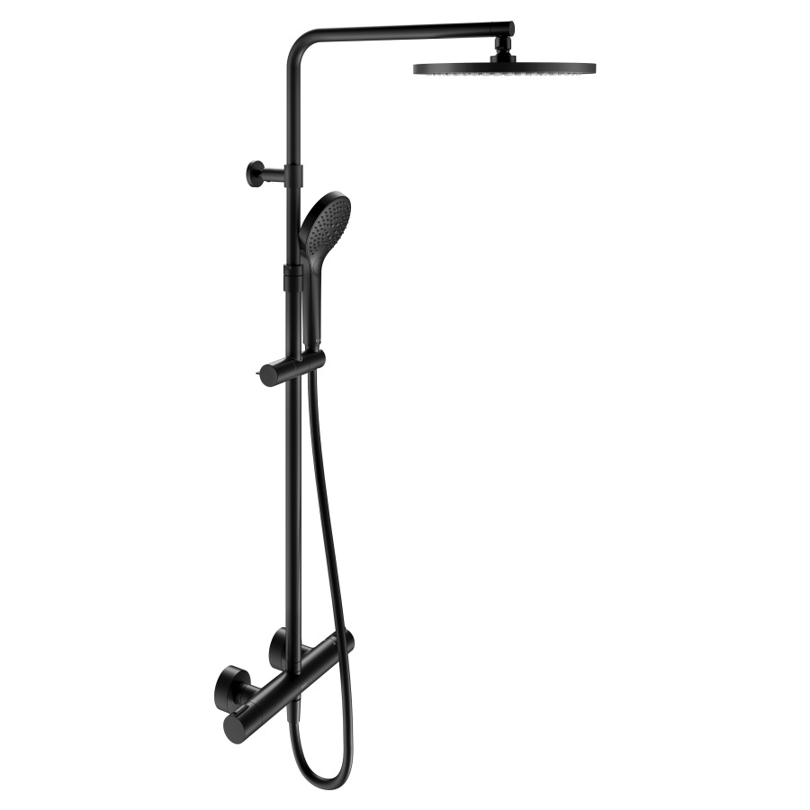 Garniture de douche PLAN BLUE
thermostat-mélangeur de douche
raccord G 1/2", débit
25 l/min., douche à main avec
3 jets, 12 l/min., douche de
tête ronde D 25 cm, 15 l/min.
réglable en hauteur et
pivotable