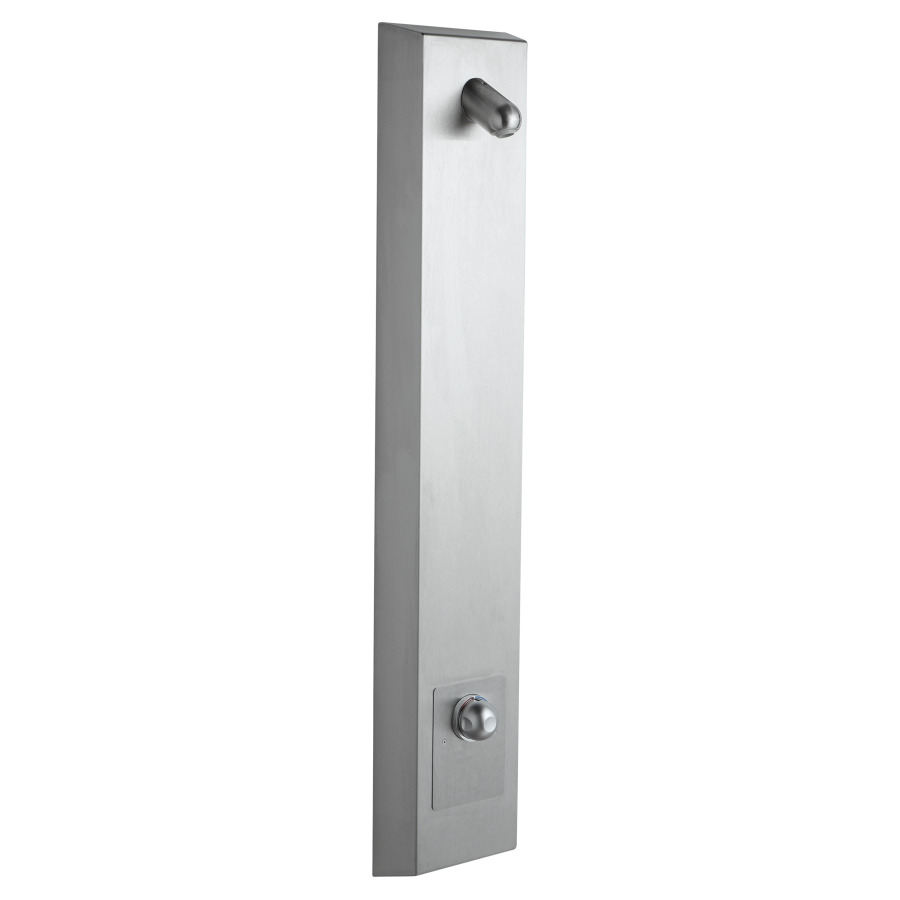 Douchepaneel TOUCHBOARD AP
entrée d'eau 1/2" du
mur, pour compteur à
monnaie ou commande
électronique externe, robinets
d'arrêt, mélangeur mécanique
limitation de température
durée de fonctionnement
réglable de 0.1-90 minutes
revêtement matière synthétique
L 24,4 cm, H 131,7 cm
tablette, sans douche murale
groupe acoustique I