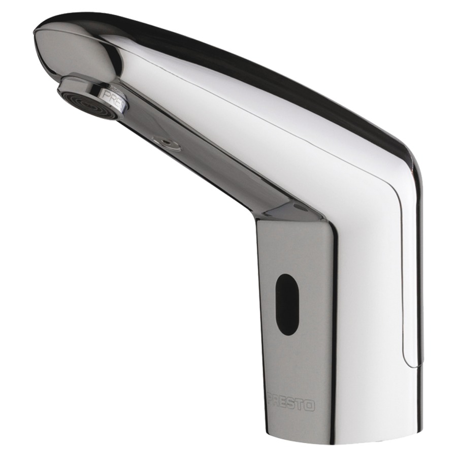 Commande de lavabo PRESTO
VOLTA, S 120 mm, goulot fixe
optoélectronique
commande infrarouge, avec pile
lithium 6 V et dans le corps
raccordement à l'eau froide ou
pré-mélangée, avec tuyau de
raccordement, sans robinets
d'arrêt, IP 65