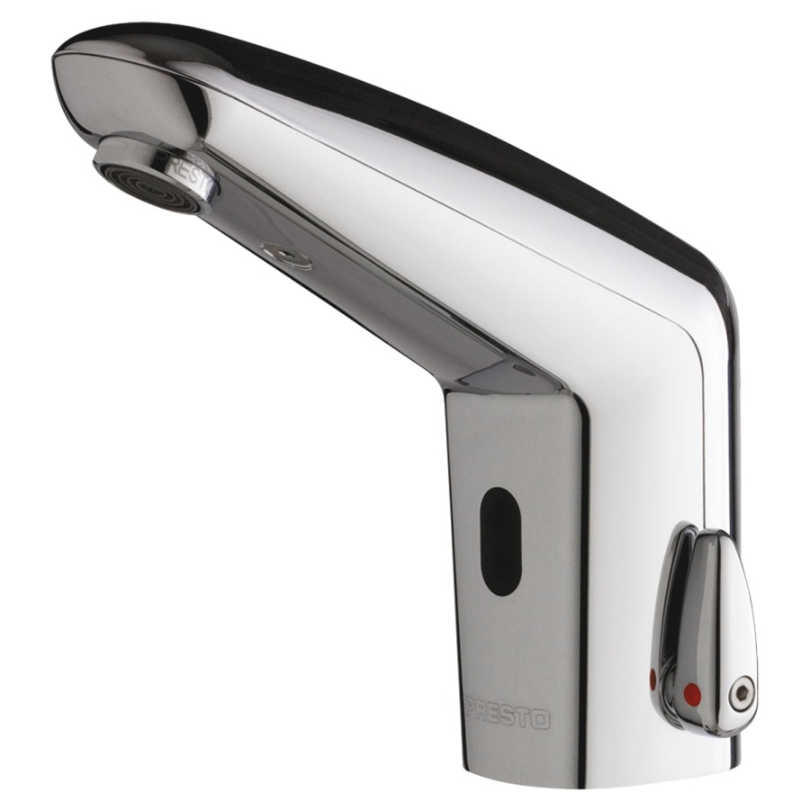 Commande de lavabo PRESTO
VOLTA, S 120 mm, goulot fixe
optoélectronique
transformateur AP 230/7 V
commande infrarouge, mélangeur
avec réglage de température
avec tuyau de raccordement
sans robinets d'arrêt, IP 65
système de sécurité (S)