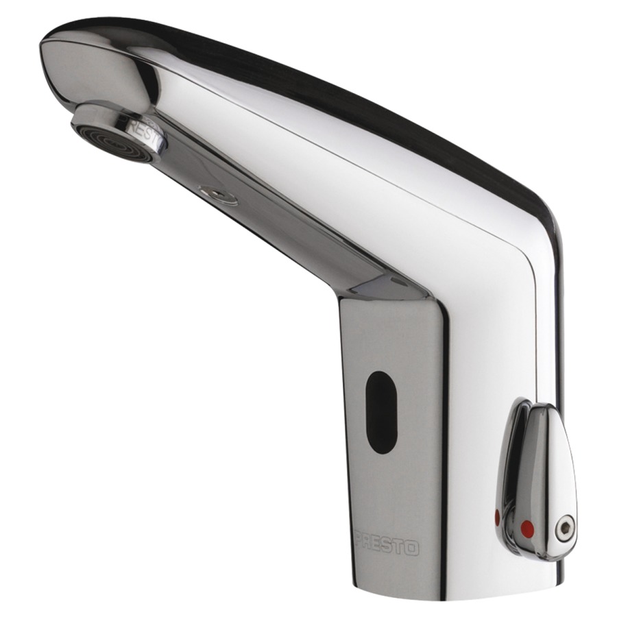 Commande de lavabo PRESTO
VOLTA, S 120 mm, goulot fixe
optoélectronique
actionnement à pile 6 V
commande infrarouge, mélangeur
avec réglage de température
avec tuyau de raccordement
sans robinets d'arrêt
système de sécurité (S)