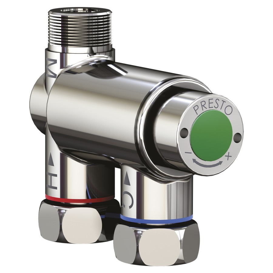 Régulateur thermostatique
PRESTO de sécurité
plage de réglage de 34 à 55
degrés, raccords parallèles
froids et chauds IG 3/8"
raccord eau mitigée AG 3/8"