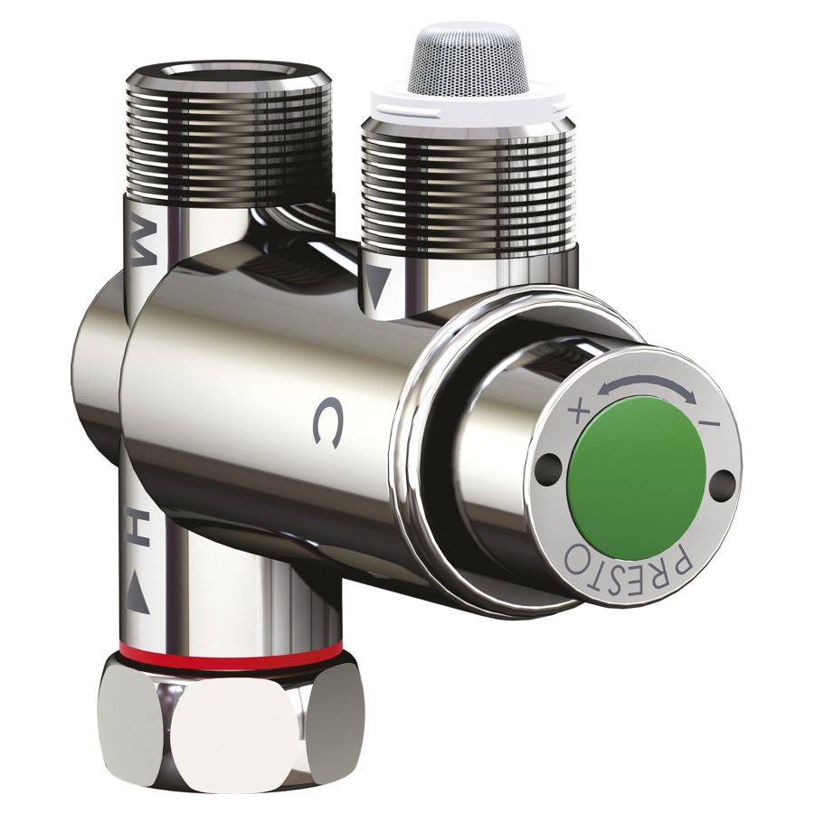 Régulateur thermostatique
PRESTO de sécurité
plage de réglage de 34 à 55
degrés, raccord chaud IG 3/8"
raccord froid AG 3/8"
raccord eau mitigée AG 3/8"