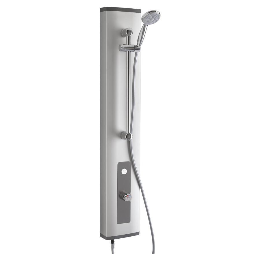 Douchpaneel PRESTO 2 PLP
23 x 129 x 13 cm
version anti-légionelle
avec interrupteurs piézo et
mélangeur thermostatique
fermeture temporisée
raccordement avec 2 robinet
d'arrêt 1/2" d'en haut, pour
eau mélangée durée 30 sec.
de fonctionnement réglable de
1 sec.-5 min., débit 10 l/min.
glissière de douche incl.
douche à main avec
système anticalcaire