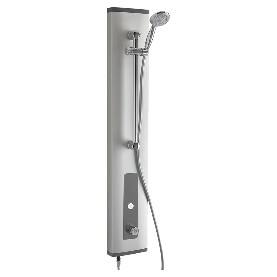 Douchpaneel PRESTOTEM 2 TOUCH
23 x 129 x 8 cm
thermostat, raccordement en
haut avec 2 tuyaux flexibles
et 2 robinets d'arrêts 1/2"
pour eau froide et chaude ou
avec 1 robinet d'arrêt 1/2"
pour eau pré-mélangée
fonctionnement sur piles
6V - Typ CRP2, interrupteurs
piézo avec fonction de
démarrage/arrêt, avec
glissière de douche et douche
à main, durée de
fonctionnement réglable de
1 sec.-5 min., débit 6 l/min