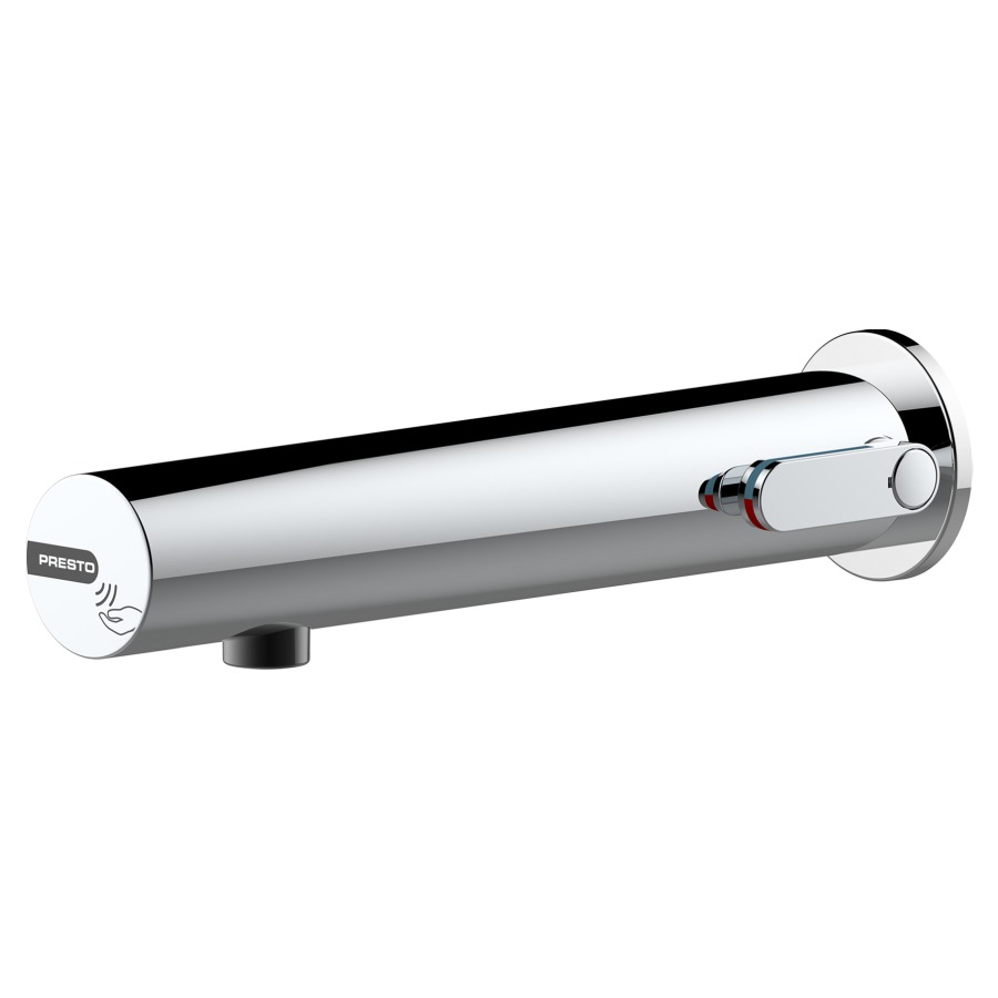 Mélangeur mural PRESTO LINEA
S 200 mm, traversée de cloison
électronique, raccordement
3/8", avec robinet d'arrêt
avec tuyau flexible
transformateur 230 VAC/7V DC
débit 3 l/min