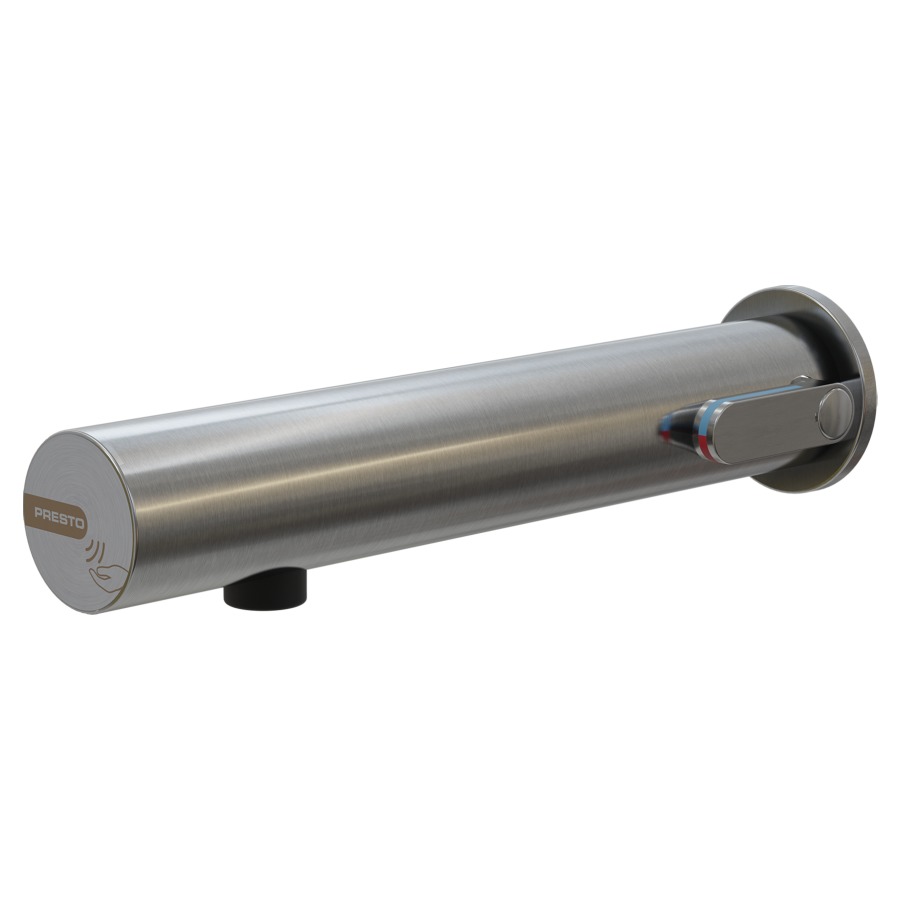 Mélangeur mural PRESTO LINEA
S 200 mm, traversée de cloison
électronique, raccordement
3/8", avec robinet d'arrêt
avec tuyau flexible
transformateur 230 VAC/7V DC
débit 3 l/min