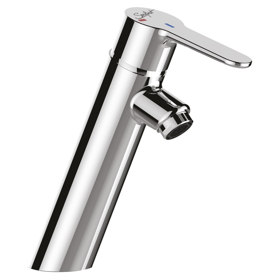 Mélangeur de lavabo HOPTIM
S 108 mm, goulot fixe
débit 4-6 l/min., eau froide
par position du levier au
milieu, sans vidage