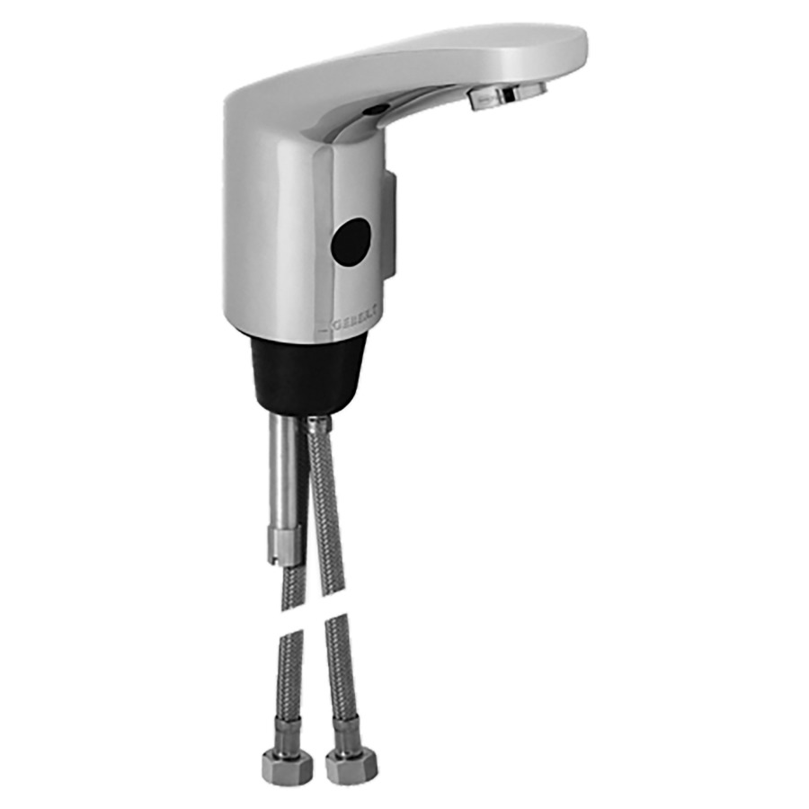 Commande de lavabo GEBERIT
type 185, S 115 mm goulot fixe
détecteur infrarouge, commande
électronique, alimentation à
pile 6 V, vanne magnétique
tuyaux de raccordement
mélangeur avec réglage de
température