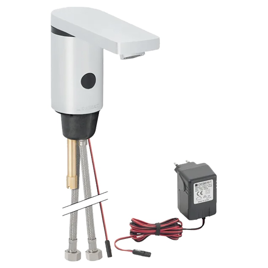 Commande de lavabo GEBERIT
type 186, S 130 mm goulot fixe
détecteur infrarouge, commande
électronique, transformateur
230/6 V, vanne magnétique
tuyaux de raccordement
mélangeur pour eau prémélangée