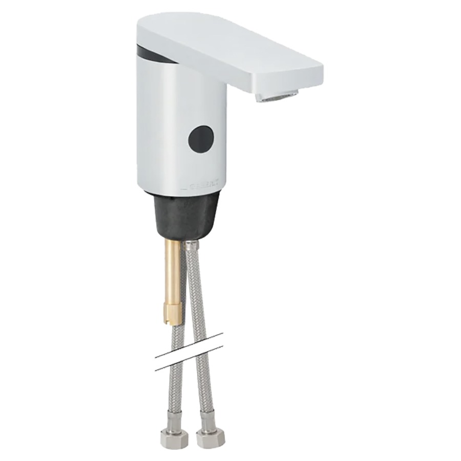 Commande de lavabo GEBERIT
type 186, S 130 mm goulot fixe
détecteur infrarouge, commande
électronique, alimentation à
pile 6 V, vanne magnétique
tuyaux de raccordement
mélangeur pour eau prémélangée