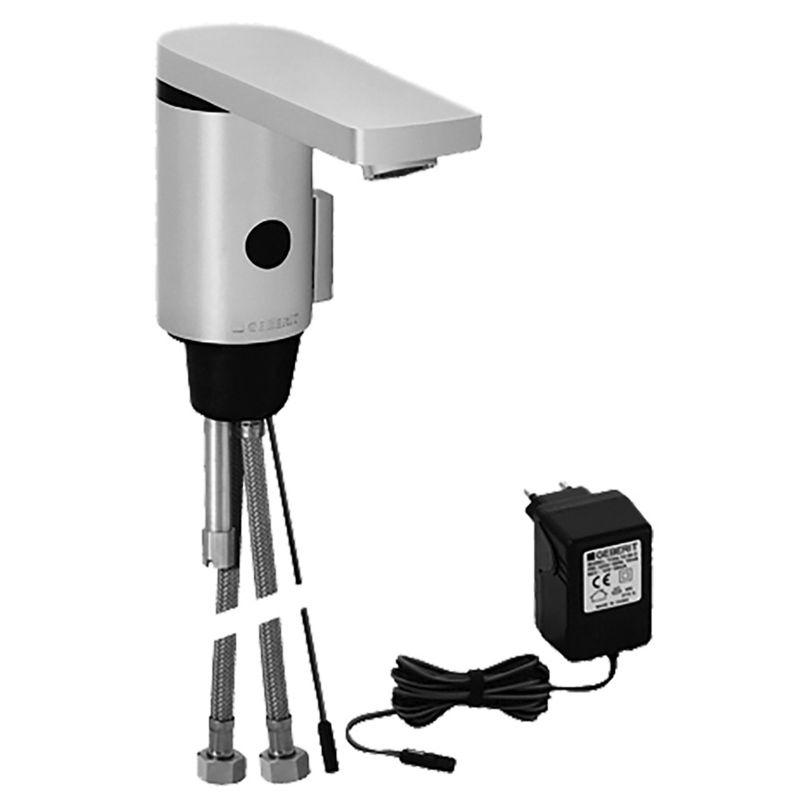 Commande de lavabo GEBERIT
type 186, S 130 mm goulot fixe
détecteur infrarouge, commande
électronique, transformateur
230/6 V, vanne magnétique
tuyaux de raccordement
mélangeur avec réglage de
température