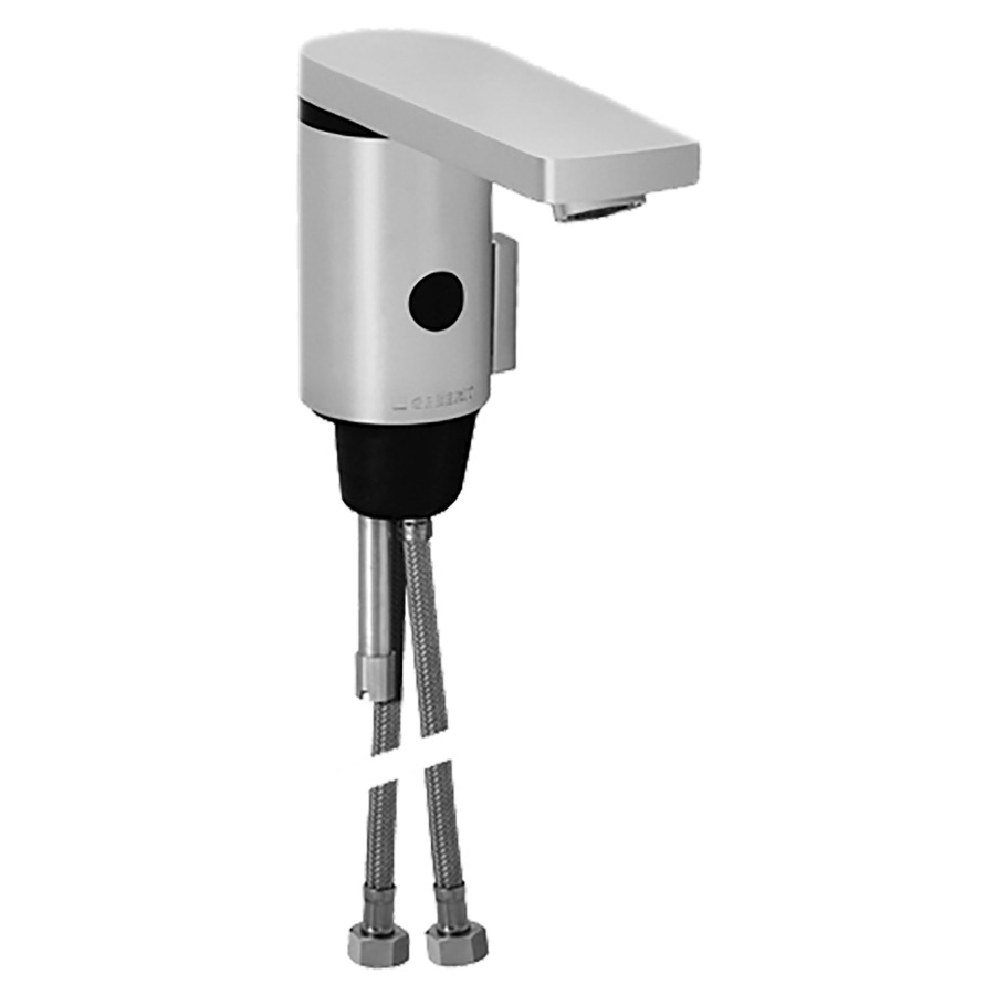 Commande de lavabo GEBERIT
type 186, S 130 mm goulot fixe
détecteur infrarouge, commande
électronique, alimentation à
pile 6 V, vanne magnétique
tuyaux de raccordement
mélangeur avec réglage de
température