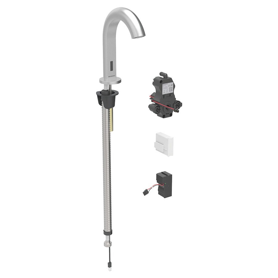 Commande de lavabo PIAVE
S 128 mm, goulot fixe
pour module fonctionnel à
encastrer, sans mitigeur
détecteur infrarouge, commande
électronique, unité de
fonctionnement, transformateur
110-240 V, antivandalisme
matériel de fixation