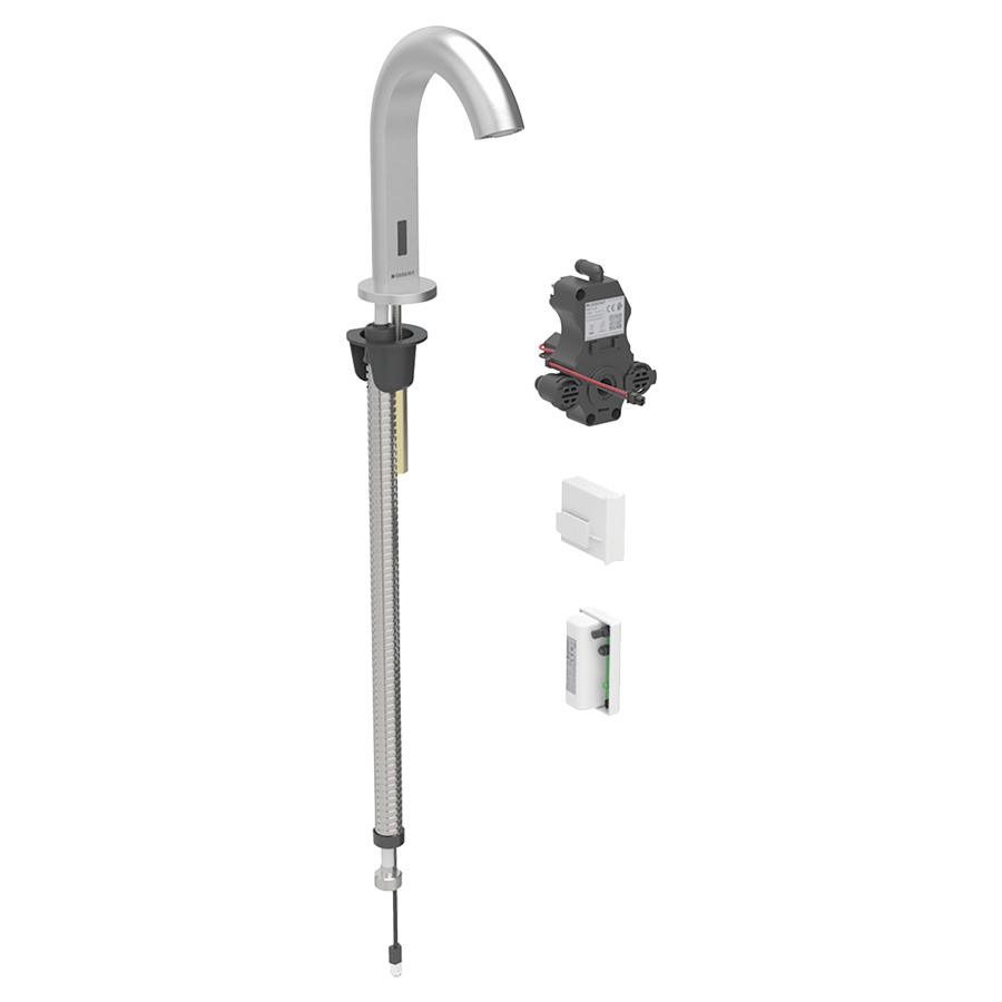 Commande de lavabo PIAVE
S 128 mm, goulot fixe
pour module fonctionnel à
encastrer, avec mitigeur
détecteur infrarouge, commande
électronique, unité de
fonctionnement, fonctionnement
de la génératrice
antivandalisme, matériel de
fixation