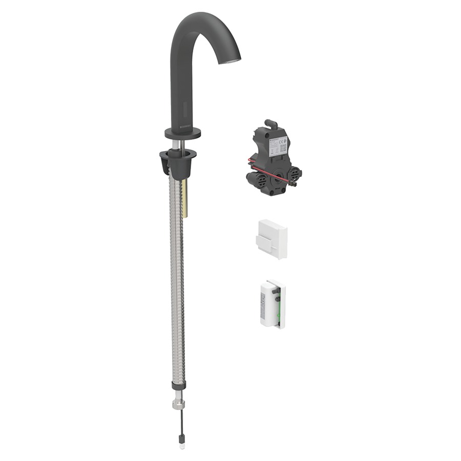 Commande de lavabo PIAVE
S 128 mm, goulot fixe
pour module fonctionnel à
encastrer, avec mitigeur
détecteur infrarouge, commande
électronique, unité de
fonctionnement, fonctionnement
de la génératrice
antivandalisme, matériel de
fixation