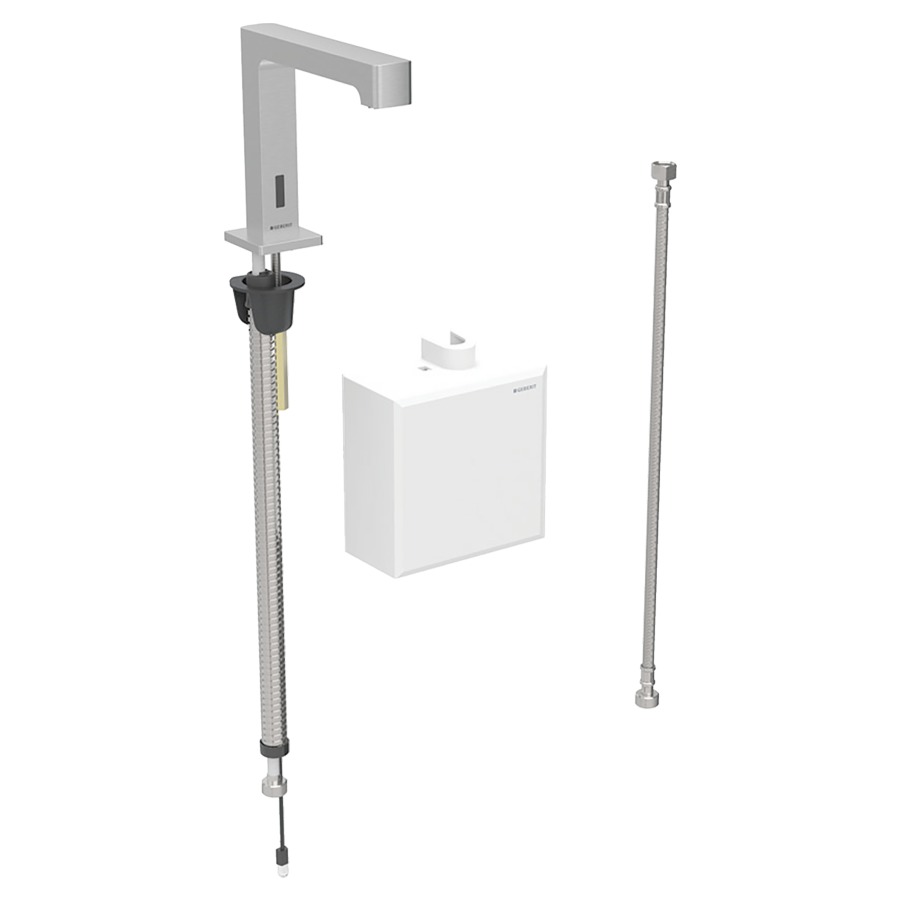 Commande de lavabo BRENTA
S 153 mm, goulot fixe
avec module fonctionnel
apparent, sans mitigeur
détecteur infrarouge, commande
électronique, unité de
fonctionnement, alimentation à
pile 3 V, antivandalisme
tuyaux de raccordement
matériel de fixation