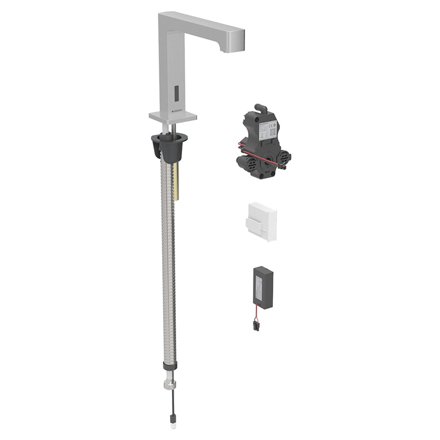 Commande de lavabo BRENTA
S 153 mm, goulot fixe
pour module fonctionnel à
encastrer, sans mitigeur
détecteur infrarouge, commande
électronique, unité de
fonctionnement, alimentation à
pile 3 V, antivandalisme
matériel de fixation