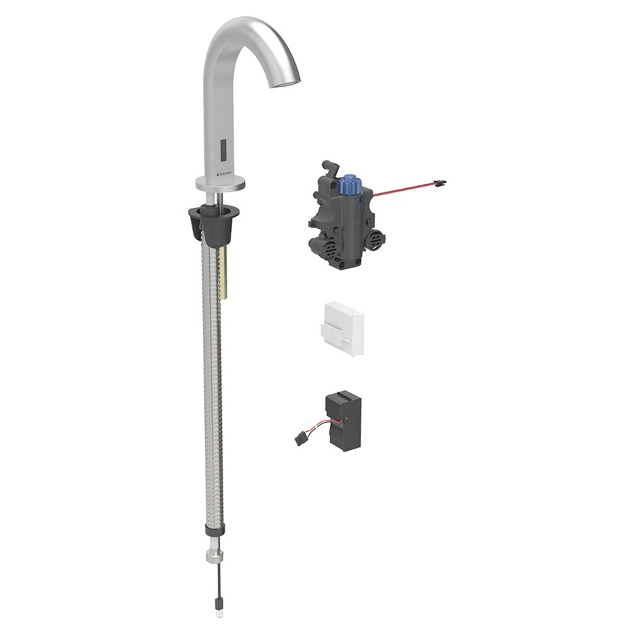 Commande de lavabo PIAVE
S 128 mm, goulot fixe
pour module fonctionnel à
encastrer, avec mitigeur
thermostatique, détecteur
infrarouge, commande
électronique, unité de
fonctionnement, transformateur
110-240 V, antivandalisme
matériel de fixation