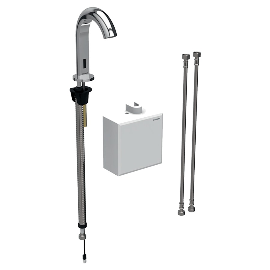 Commande de lavabo PIAVE
S 128 mm, goulot fixe
avec module fonctionnel
apparent, avec mitigeur
thermostatique, détecteur
infrarouge, commande
électronique, unité de
fonctionnement, alimentation à
pile 3 V, antivandalisme
tuyaux de raccordement
matériel de fixation