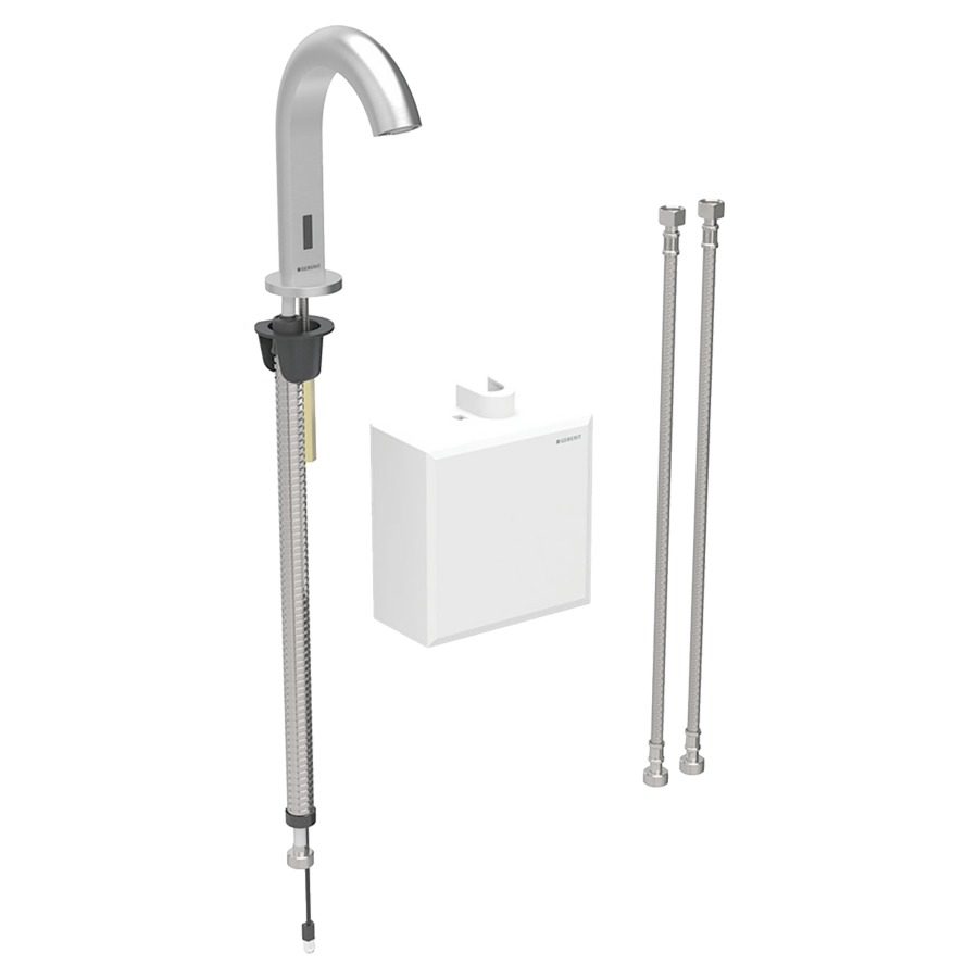 Commande de lavabo PIAVE
S 128 mm, goulot fixe
avec module fonctionnel
apparent, avec mitigeur
thermostatique, détecteur
infrarouge, commande
électronique, unité de
fonctionnement, alimentation à
pile 3 V, antivandalisme
tuyaux de raccordement
matériel de fixation