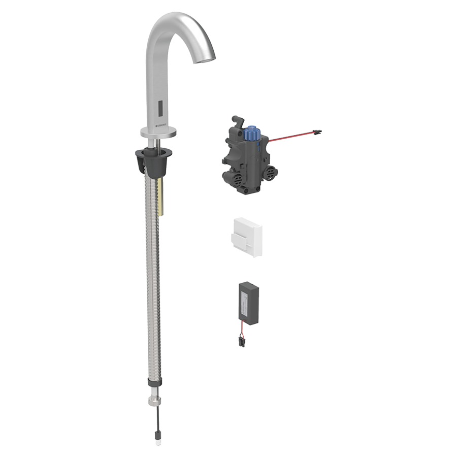 Commande de lavabo PIAVE
S 128 mm, goulot fixe
pour module fonctionnel à
encastrer, avec mitigeur
thermostatique, détecteur
infrarouge, commande
électronique, unité de
fonctionnement, alimentation à
pile 3 V, antivandalisme
matériel de fixation