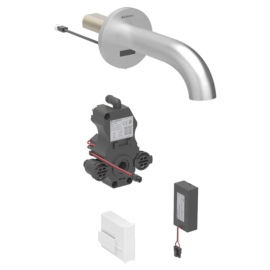 Commande murale PIAVE UP
S 170 mm, goulot fixe
pour module fonctionnel à
encastrer, avec mitigeur
détecteur infrarouge, commande
électronique, unité de
fonctionnement, alimentation à
pile 3 V, antivandalisme
matériel de fixation