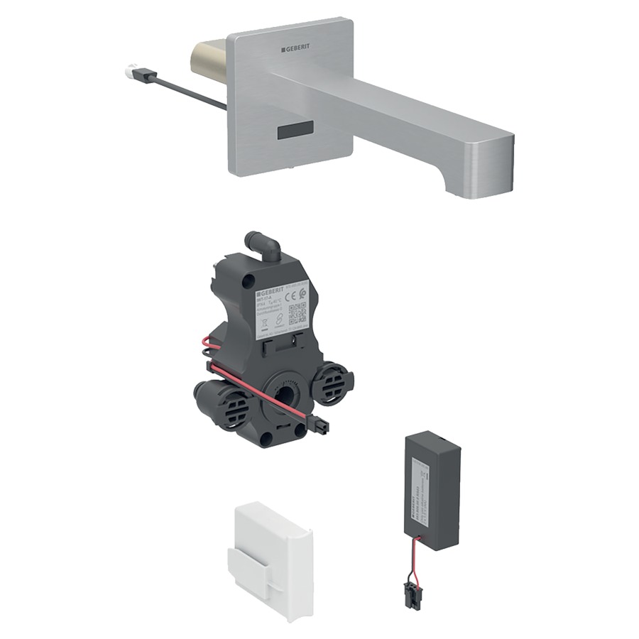 Commande murale BRENTA UP
S 170 mm, goulot fixe
pour module fonctionnel à
encastrer, avec mitigeur
détecteur infrarouge, commande
électronique, unité de
fonctionnement, alimentation à
pile 3 V, antivandalisme
matériel de fixation