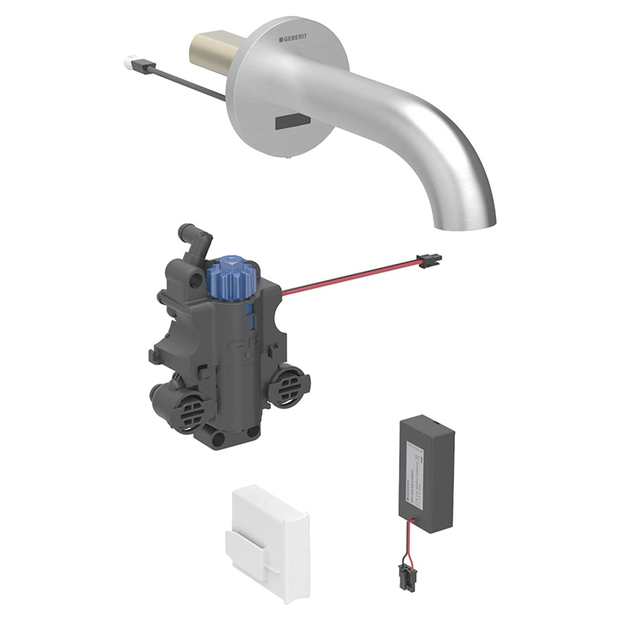 Commande murale PIAVE UP
S 170 mm, goulot fixe
pour module fonctionnel à
encastrer, avec mitigeur
thermostatique, détecteur
infrarouge, commande
électronique, unité de
fonctionnement, alimentation à
pile 3 V, antivandalisme
matériel de fixation