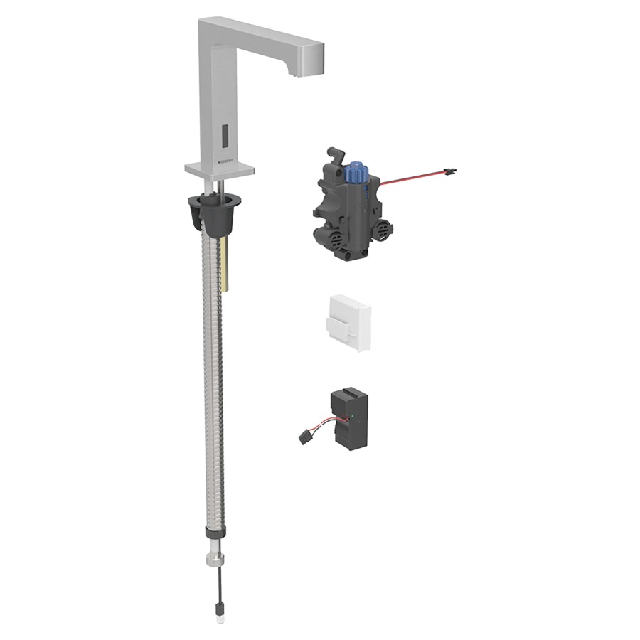 Commande de lavabo BRENTA
S 153 mm, goulot fixe
pour module fonctionnel à
encastrer, avec mitigeur
thermostatique, détecteur
infrarouge, commande
électronique, unité de
fonctionnement, transformateur
110-240 V, antivandalisme
matériel de fixation
