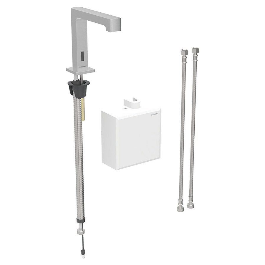 Commande de lavabo BRENTA
S 153 mm, goulot fixe
avec module fonctionnel
apparent, avec mitigeur
thermostatique, détecteur
infrarouge, commande
électronique, unité de
fonctionnement, alimentation à
pile 3 V, antivandalisme
tuyaux de raccordement
matériel de fixation