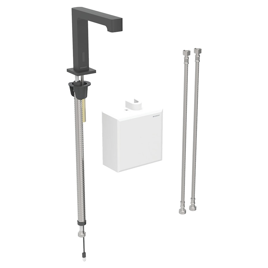 Commande de lavabo BRENTA
S 153 mm, goulot fixe
avec module fonctionnel
apparent, avec mitigeur
thermostatique, détecteur
infrarouge, commande
électronique, unité de
fonctionnement, alimentation à
pile 3 V, antivandalisme
tuyaux de raccordement
matériel de fixation