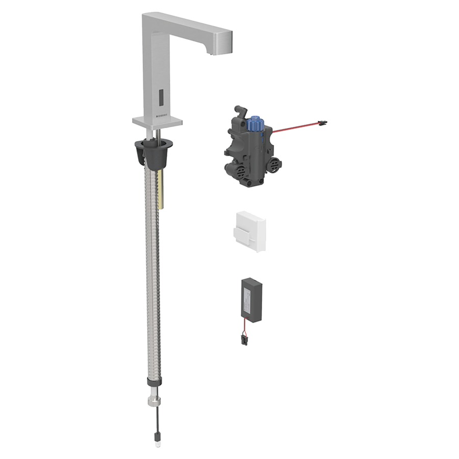 Commande de lavabo BRENTA
S 153 mm, goulot fixe
pour module fonctionnel à
encastrer, avec mitigeur
thermostatique, détecteur
infrarouge, commande
électronique, unité de
fonctionnement, alimentation à
pile 3 V, antivandalisme
matériel de fixation