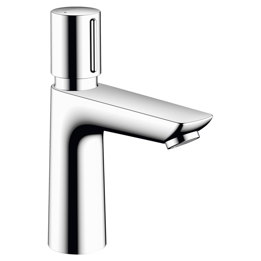 Mélangeur de lavabo TALIS E
S 111 mm, goulot fixe
fermeture temporisée
régulation de la température
temps de rinçage réglable de
3 à 20 secondes, réglage
d'usine 7 secondes, tuyaux de
raccordement 3/8", débit
4,8 l/min